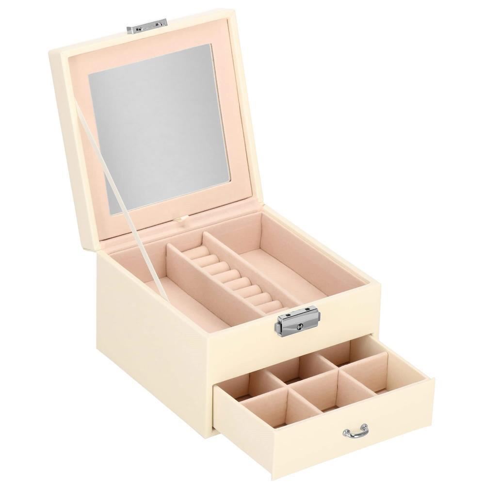 Cutie pentru bijuterii, catifea si piele ecologica, crem si roz, cu oglinda, 16x16x11 cm, Springos