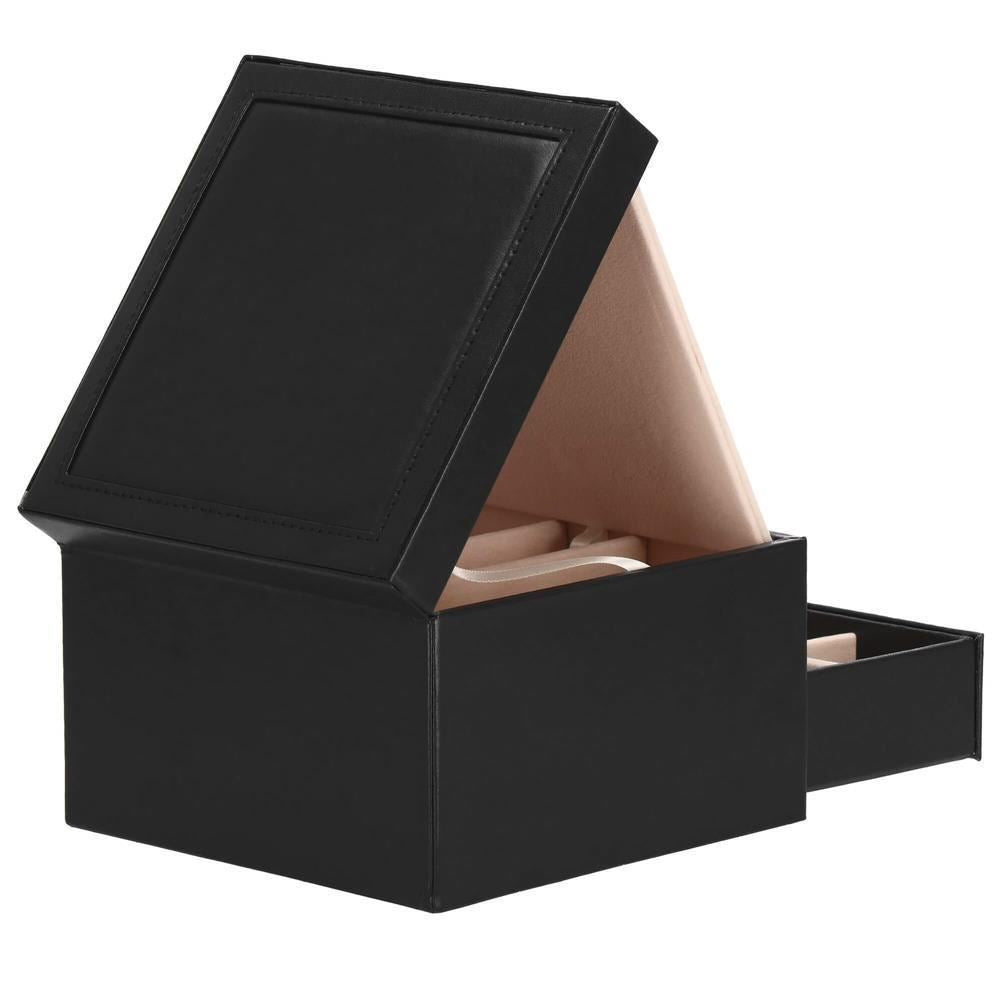 Cutie pentru bijuterii, catifea si piele ecologica, negru si roz, cu oglinda, 16x16x11 cm, Springos