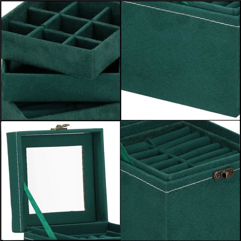 Cutie pentru bijuterii, catifea, verde, cu oglinda, 12x12x12 cm, Springos