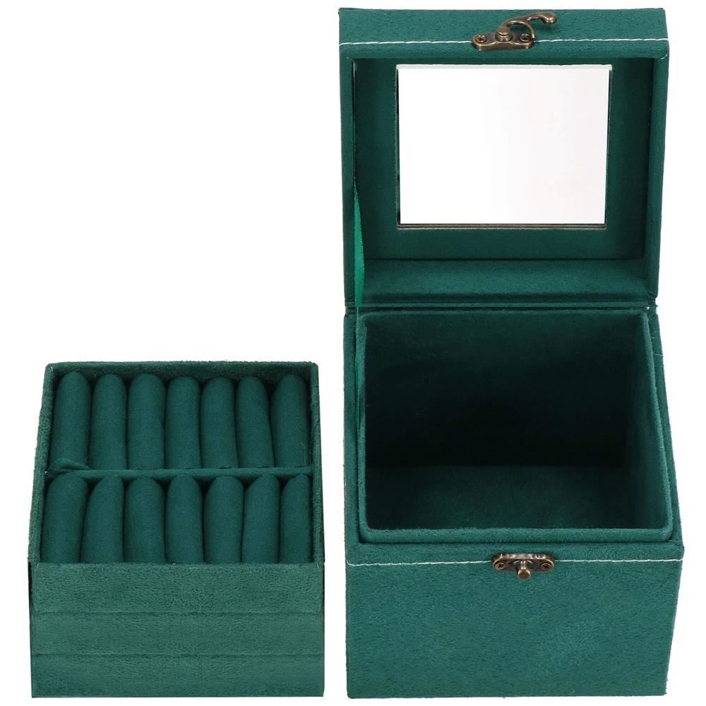 Cutie pentru bijuterii, catifea, verde, cu oglinda, 12x12x12 cm, Springos