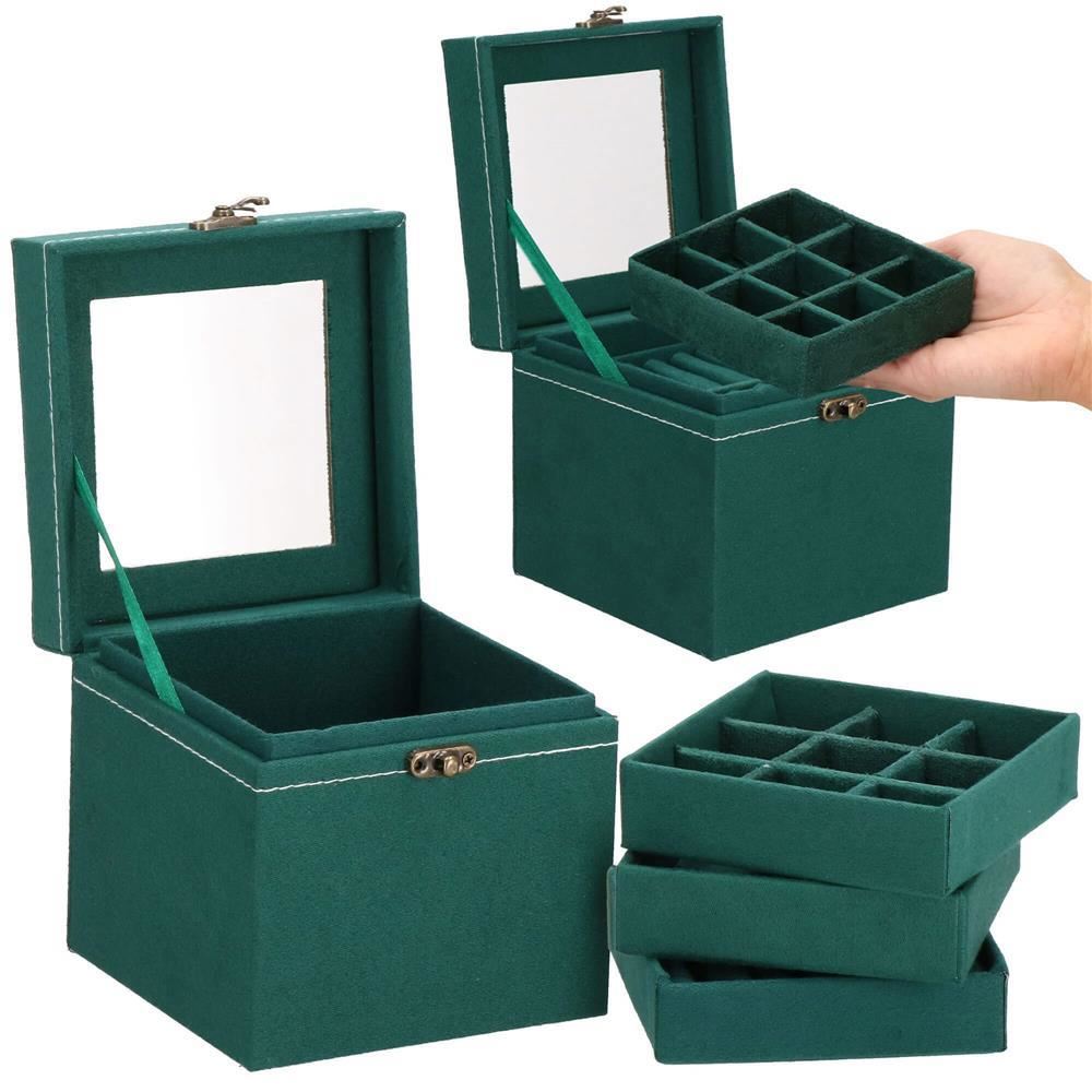 Cutie pentru bijuterii, catifea, verde, cu oglinda, 12x12x12 cm, Springos