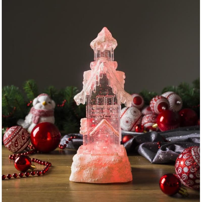 Karácsonyi dekoráció, PE, csillámos házikó, LED, 2xAA, 9,5x9,5x25,5 cm