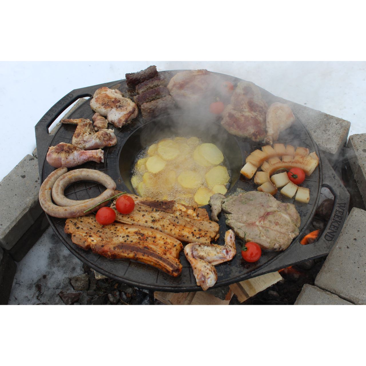 Grillkorong, öntöttvas, grillsütő típusú, lábakkal, 52 cm, Vegyes grillsütő