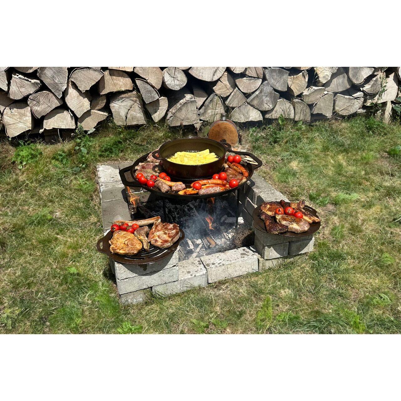 Grillkorong, öntöttvas, grillsütő típusú, lábakkal, 4 darabos készlet, 49,5 cm