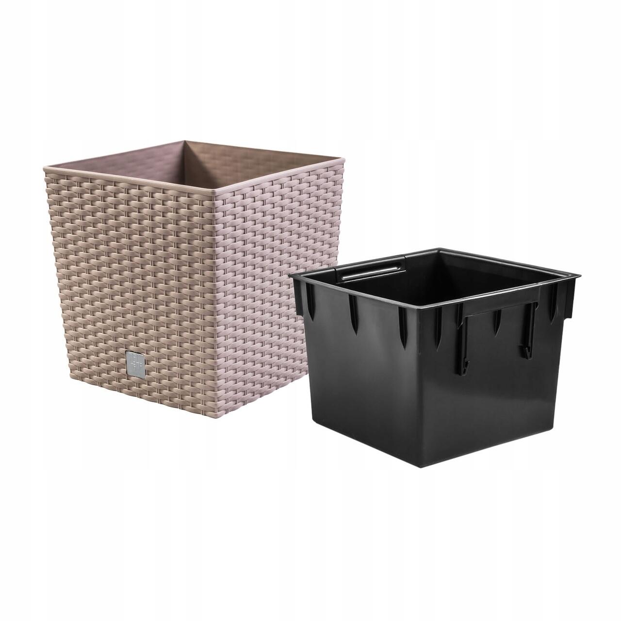 Virágcserép, Prosperplast, Rato Low, négyzet alakú, 32 l, rattan utánzat, barna, 32x32x32,5 cm