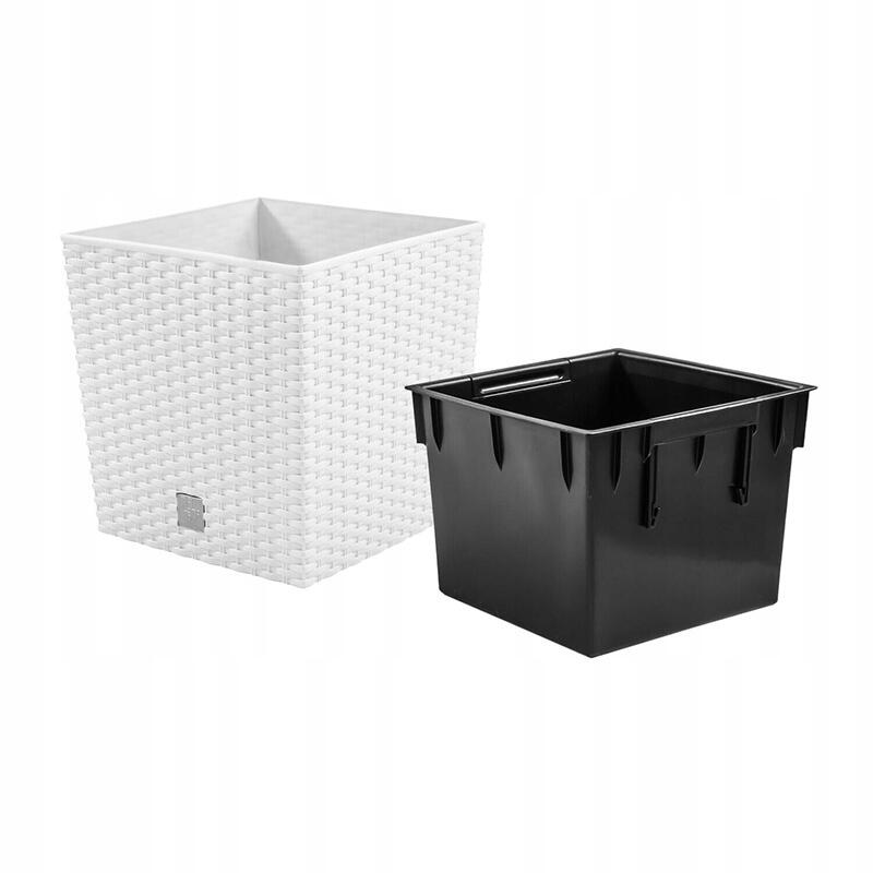 Virágcserép, Prosperplast, Rato Low, négyzet alakú, 32 l, rattan utánzat, fehér, 32x32x32,5 cm