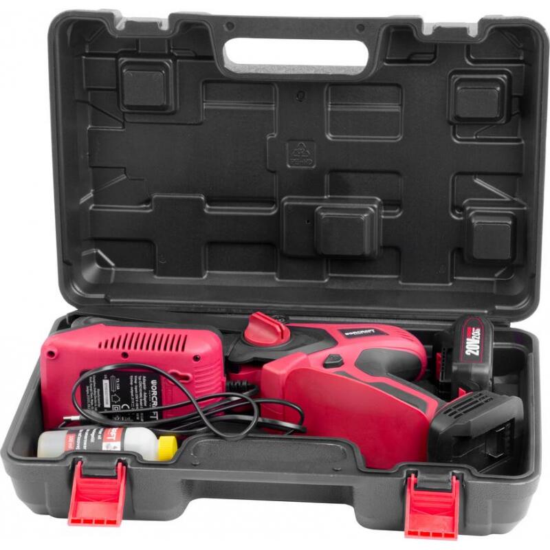 Elektromos láncfűrész ágakhoz, 2 Ah-s akkumulátorral, töltővel, 20 V-os Li-ion, szénkefe nélküli motorral, táskával, 15 cm, Worcraft