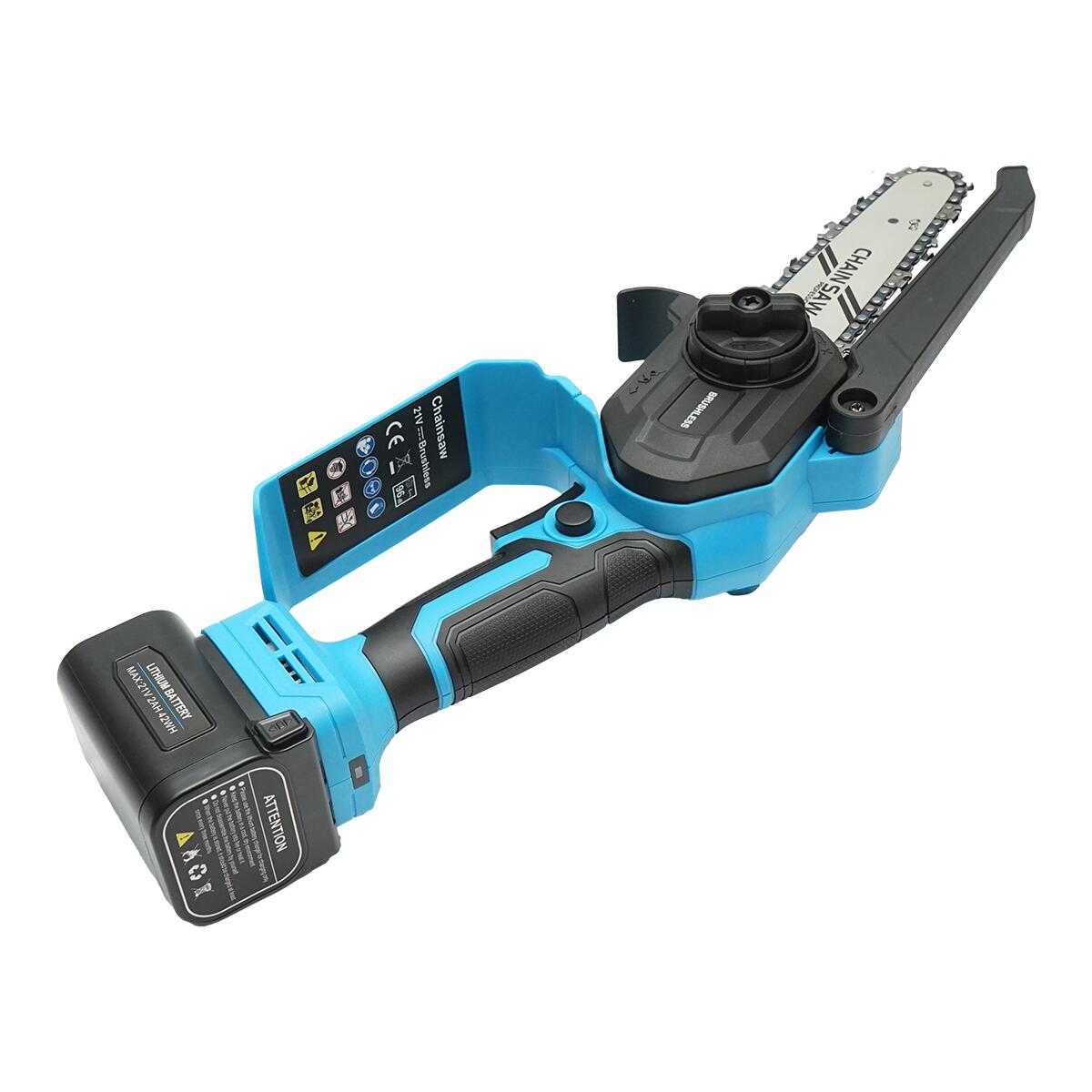 Elektromos láncfűrész ágakhoz, 2 Ah-s akkumulátorral, 21 V-os Li-ion töltővel, táskával, 18 cm