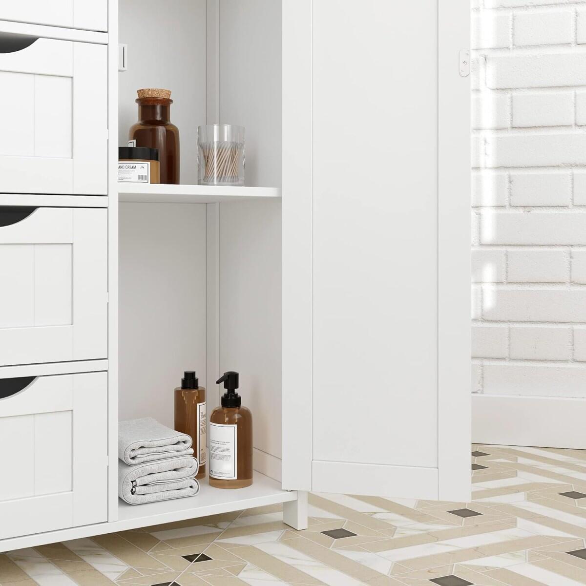 Dulap baie, MDF, 2 rafturi, 4 sertare, 1 usa, alb, 55x30x82 cm