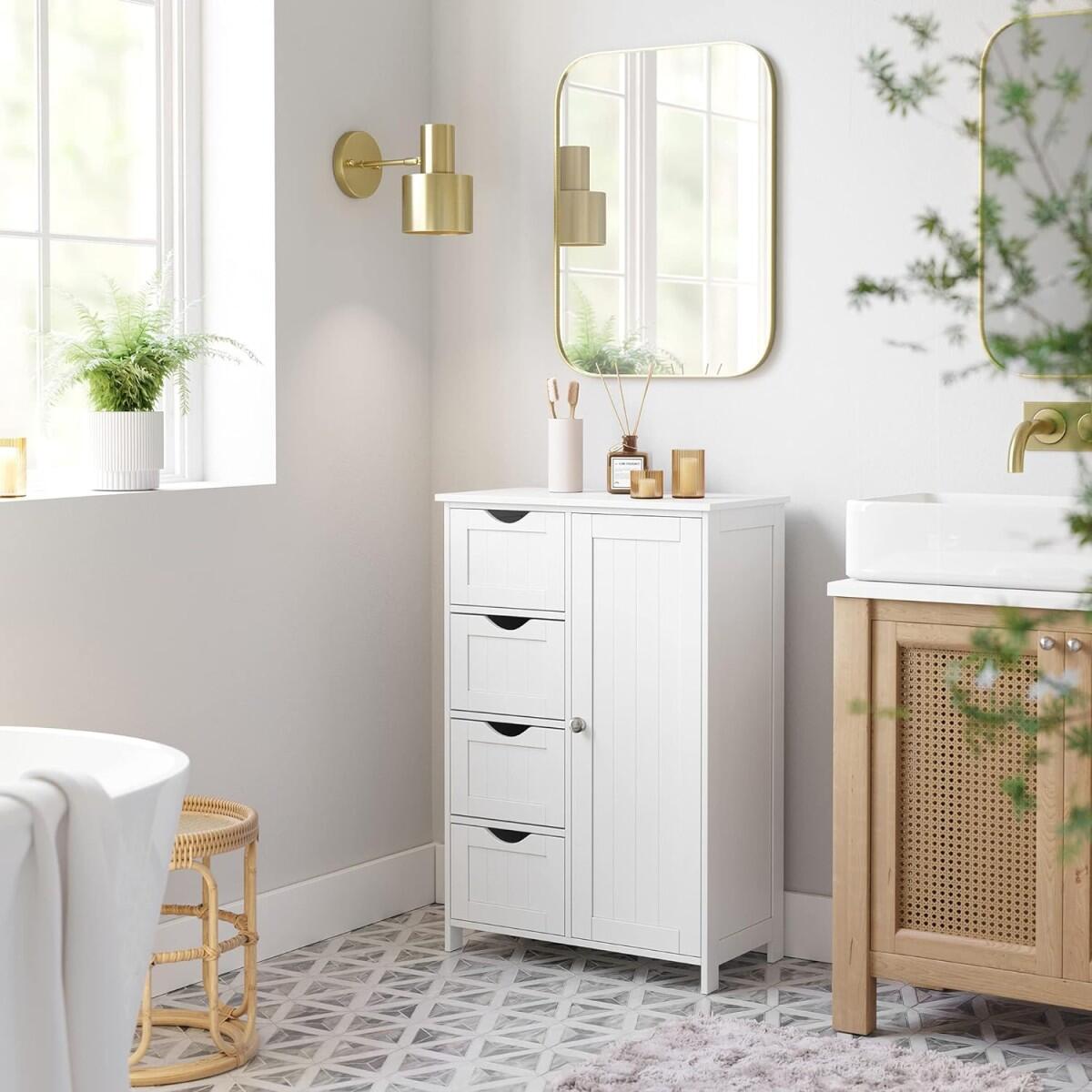 Dulap baie, MDF, 2 rafturi, 4 sertare, 1 usa, alb, 55x30x82 cm