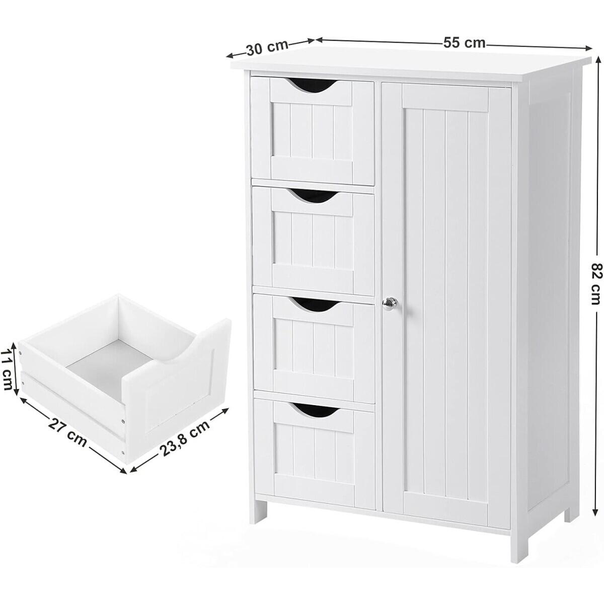 Dulap baie, MDF, 2 rafturi, 4 sertare, 1 usa, alb, 55x30x82 cm