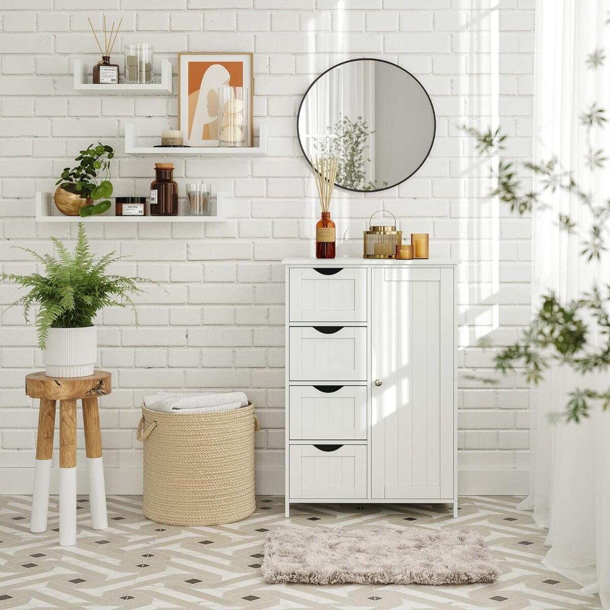 Dulap baie, MDF, 2 rafturi, 4 sertare, 1 usa, alb, 55x30x82 cm
