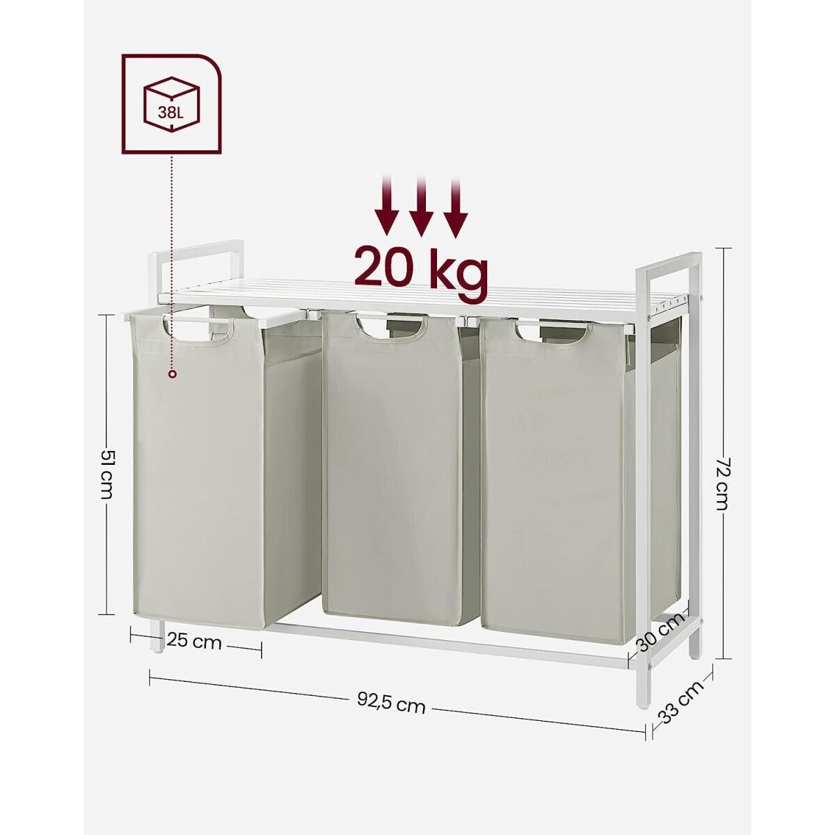 Dulap baie, placa raft MDF, cadru otel, 3 compartimente rufe, alb, 92.5x33x72 cm