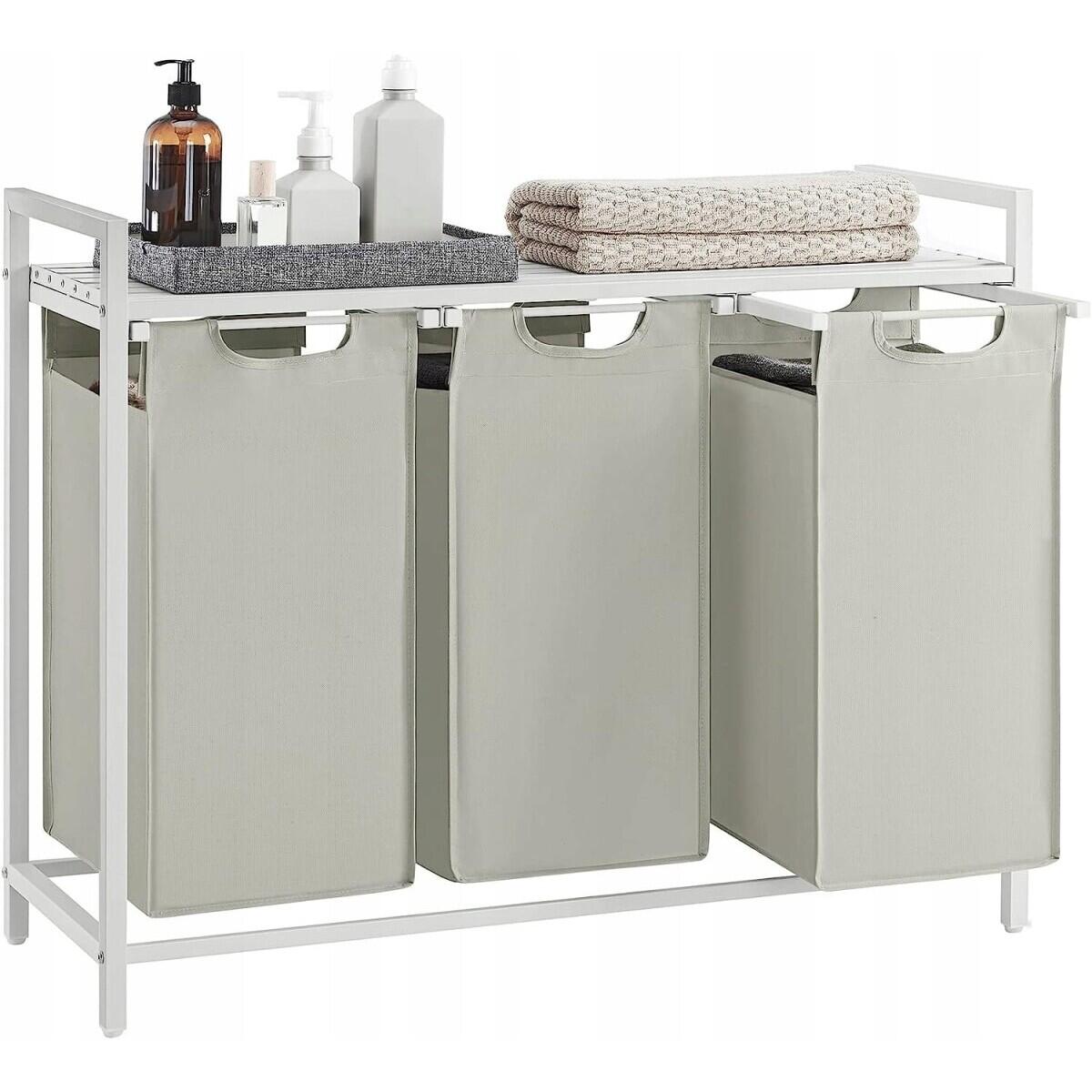Dulap baie, placa raft MDF, cadru otel, 3 compartimente rufe, alb, 92.5x33x72 cm