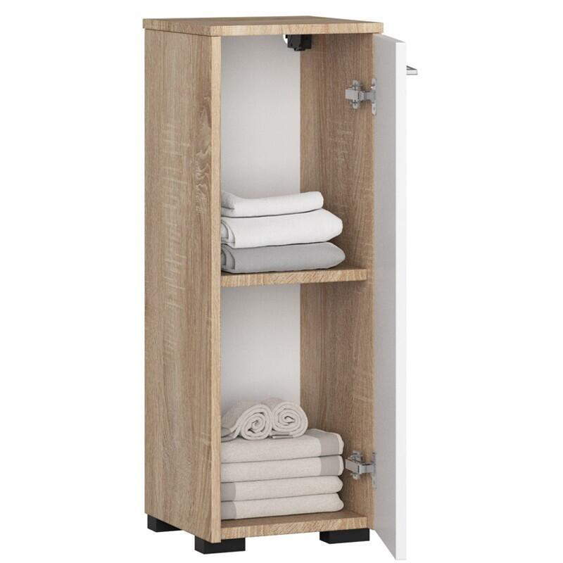 Dulap baie, placa laminata, 2 rafturi, alb si stejar Sonoma, 30x30x85 cm