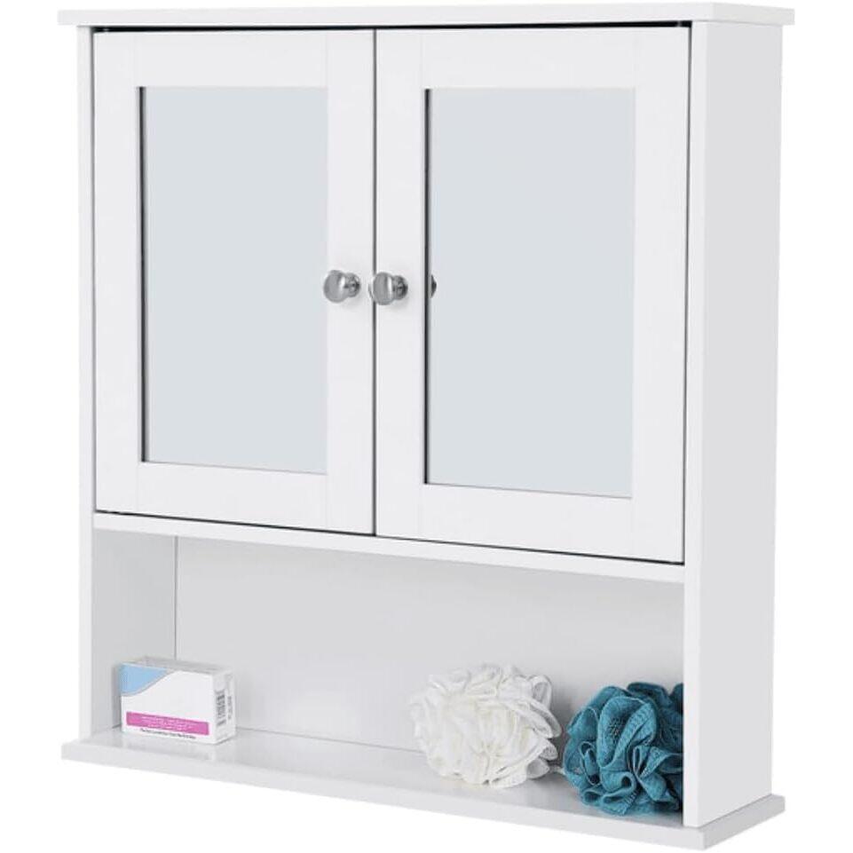 Dulap baie, suspendat, MDF, cu oglinda, 3 rafturi, 2 usi, alb, 56x13x58 cm