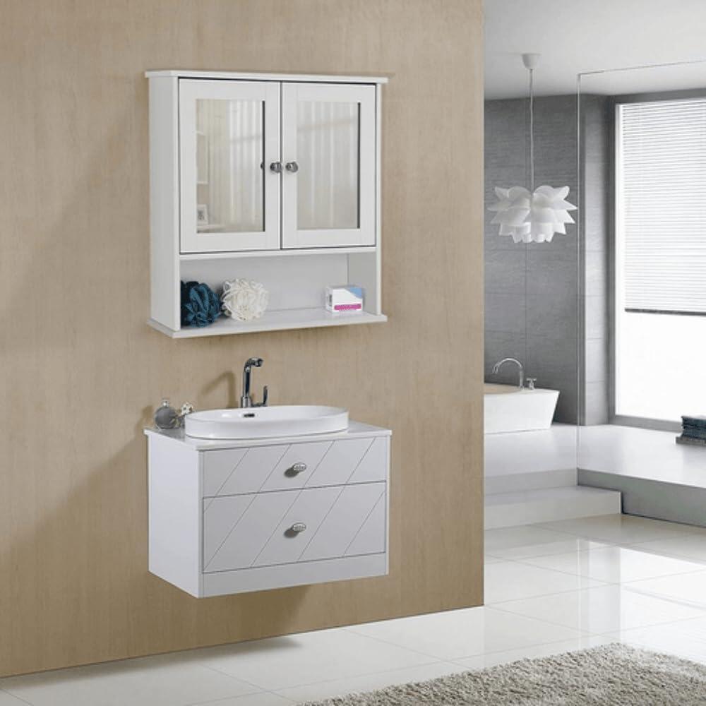 Dulap baie, suspendat, MDF, cu oglinda, 3 rafturi, 2 usi, alb, 56x13x58 cm