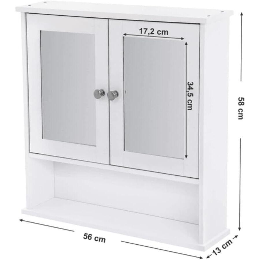 Dulap baie, suspendat, MDF, cu oglinda, 3 rafturi, 2 usi, alb, 56x13x58 cm