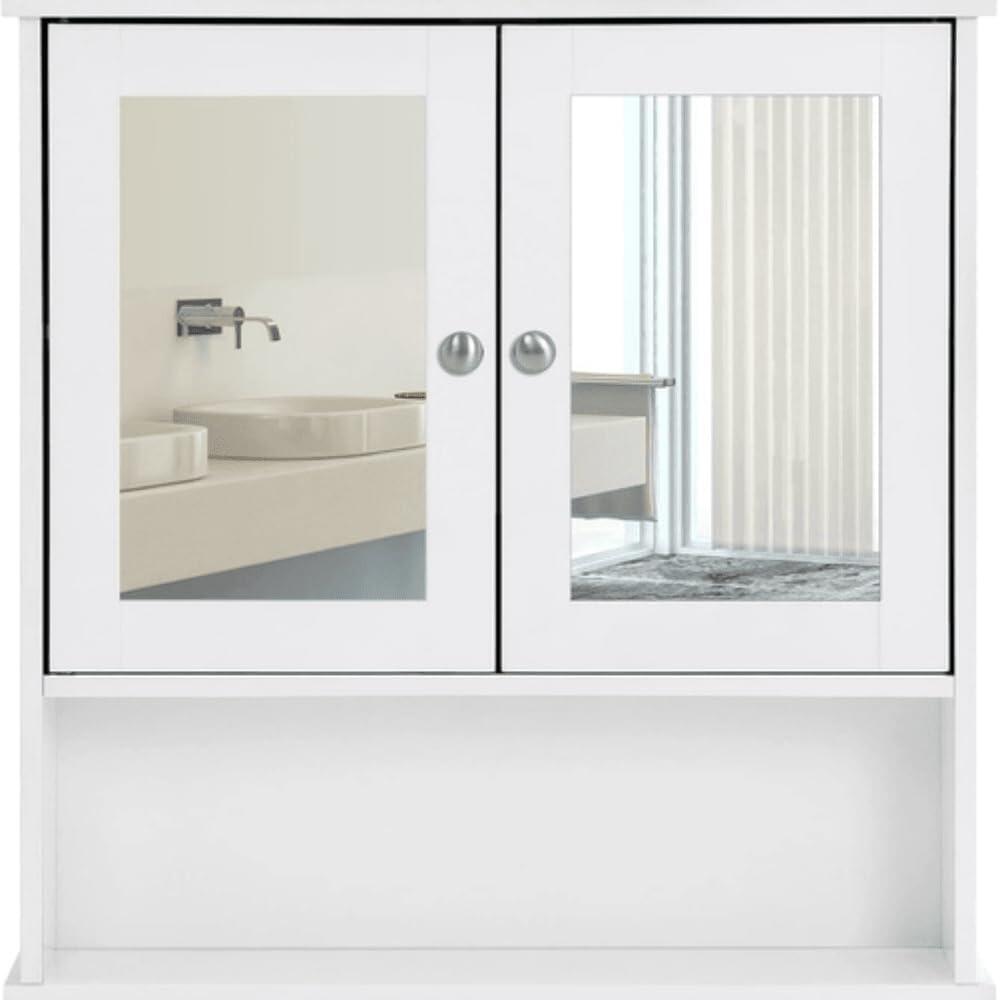 Dulap baie, suspendat, MDF, cu oglinda, 3 rafturi, 2 usi, alb, 56x13x58 cm