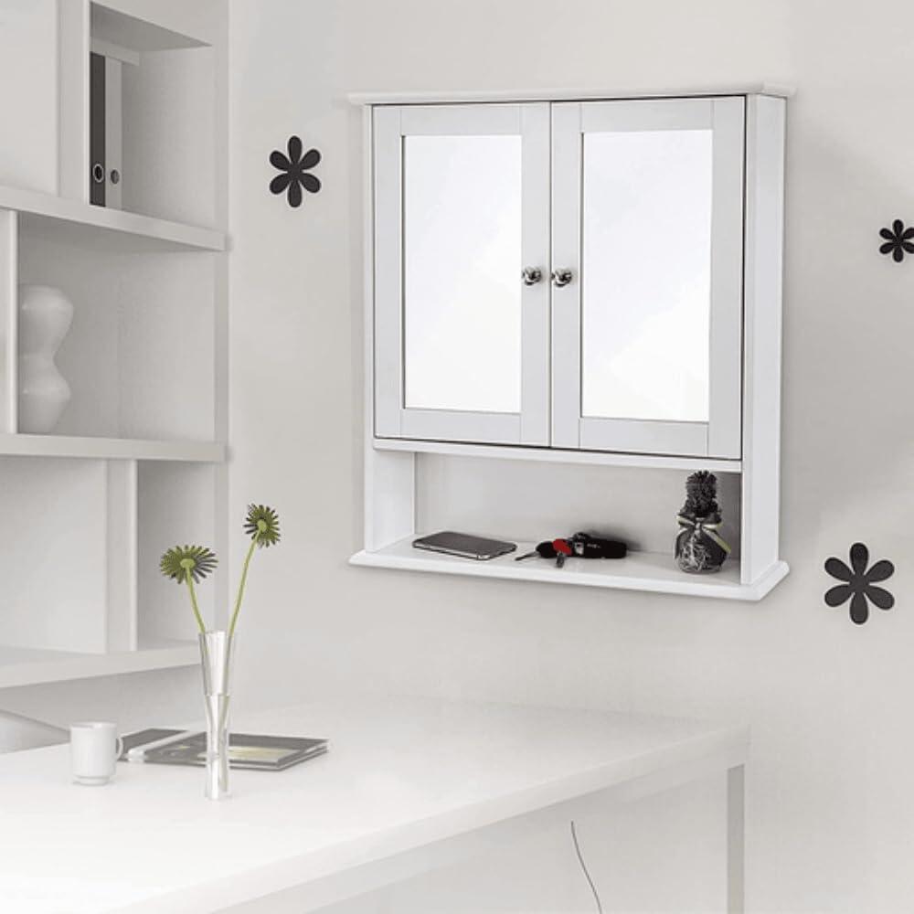 Dulap baie, suspendat, MDF, cu oglinda, 3 rafturi, 2 usi, alb, 56x13x58 cm