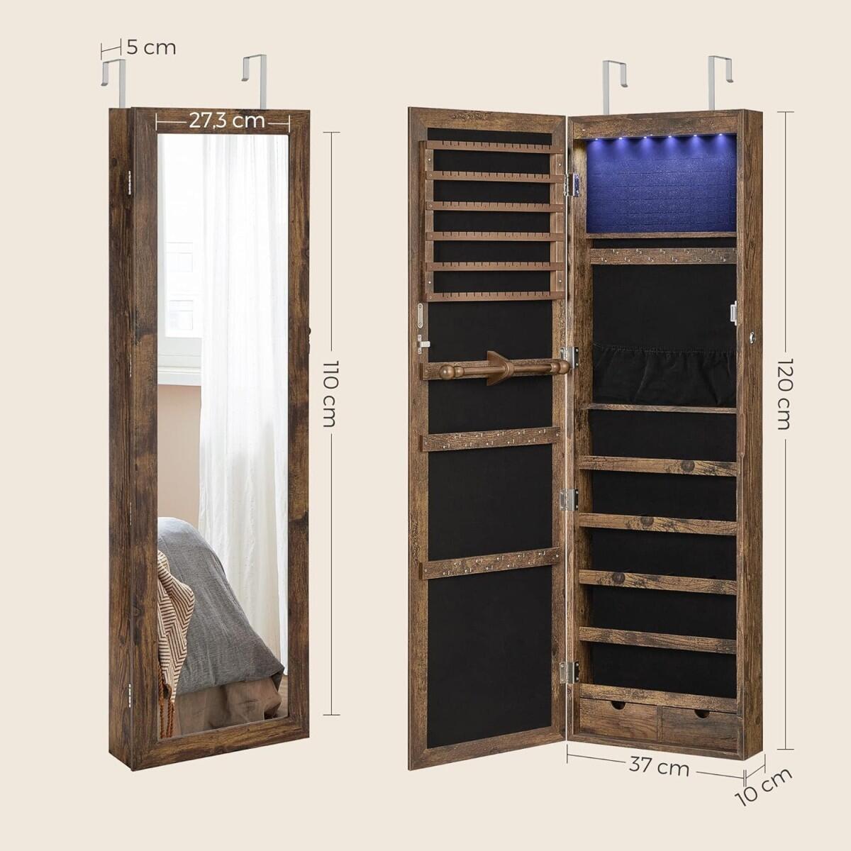 Fali szekrény ékszereknek tükörrel, MDF, alsó polccal, rusztikus barna, 37x10x120 cm