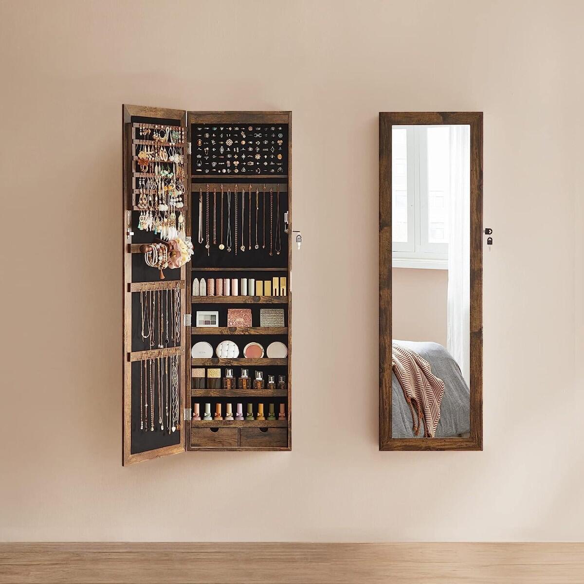 Fali szekrény ékszereknek tükörrel, MDF, alsó polccal, rusztikus barna, 37x10x120 cm