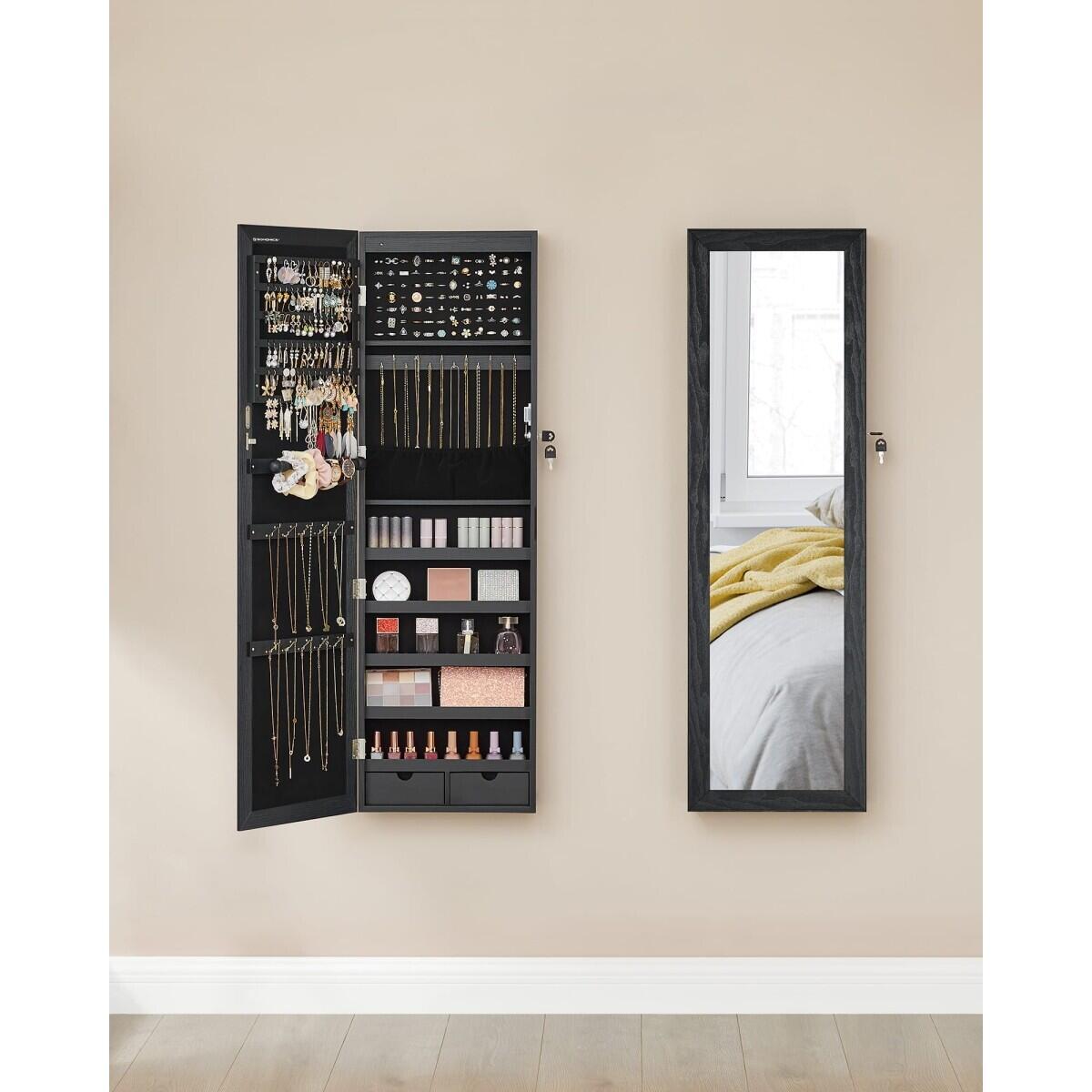 Fali szekrény ékszereknek tükörrel, MDF, alsó polccal, fekete, 37x10x120 cm
