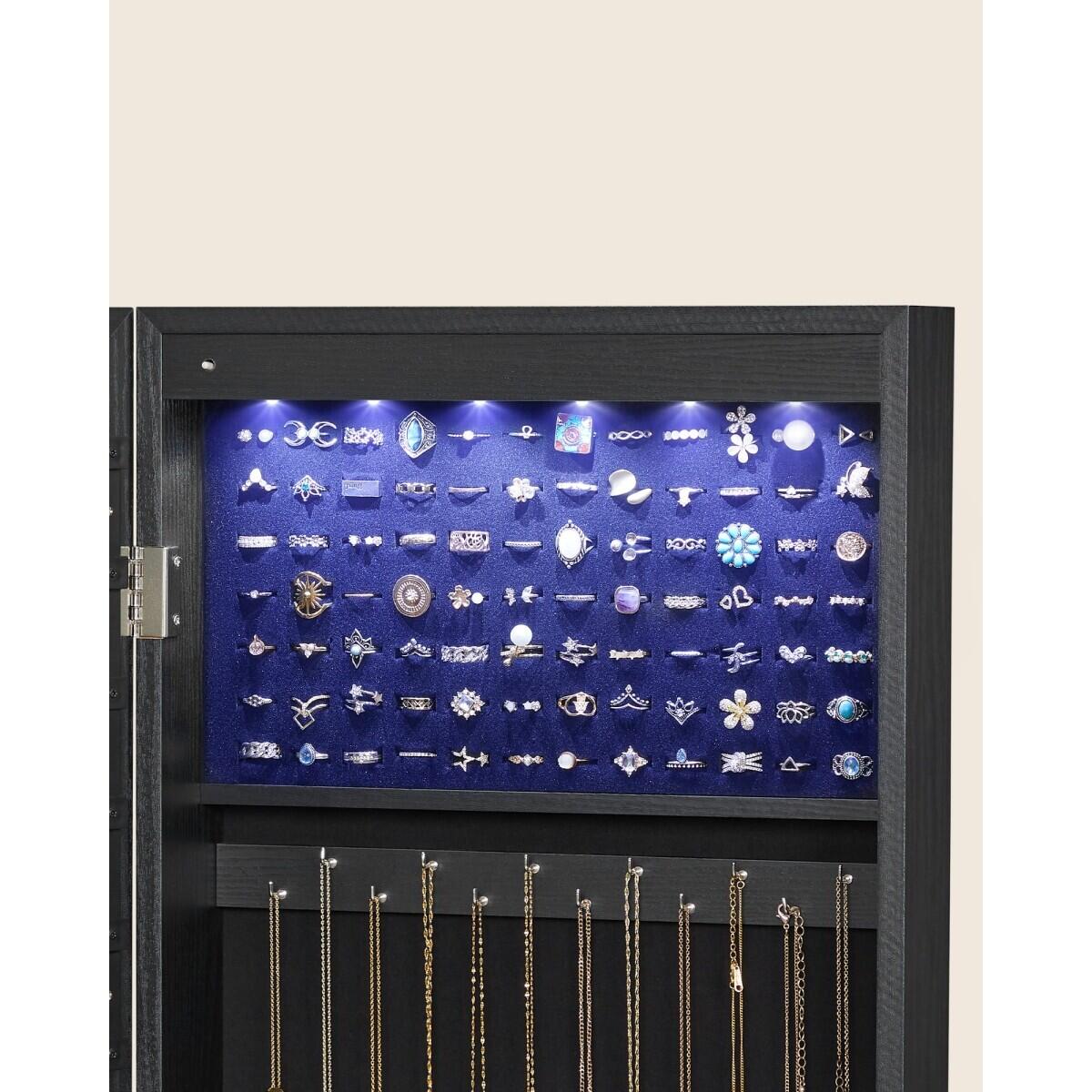 Fali szekrény ékszereknek tükörrel, MDF, alsó polccal, fekete, 37x10x120 cm