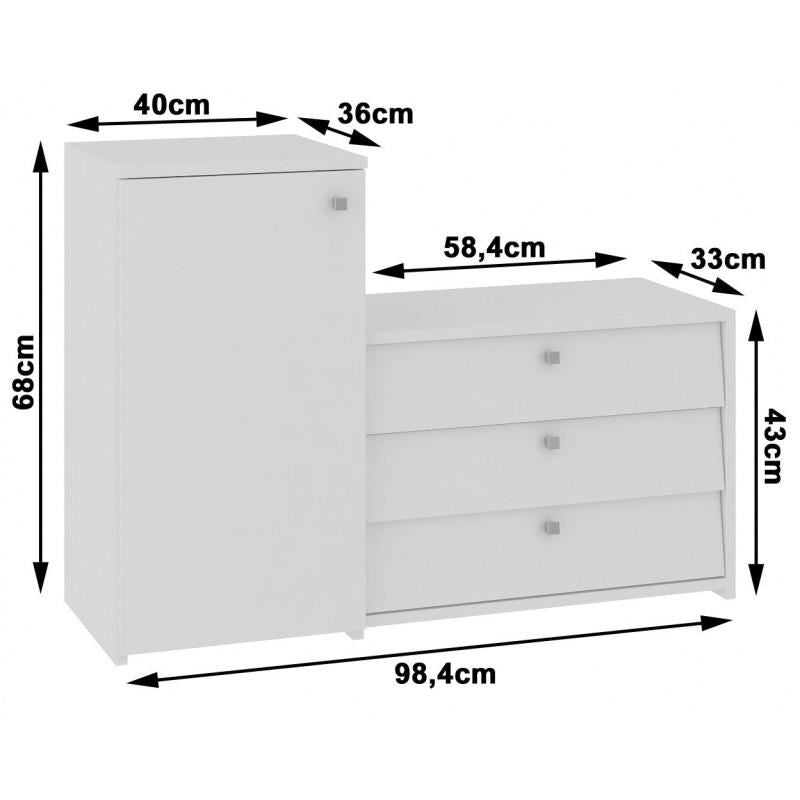 Cipőtároló szekrény, cipőtartó, laminált lap, 3 fiók, 2 polc, fehér, 98,4x33x68/43 cm