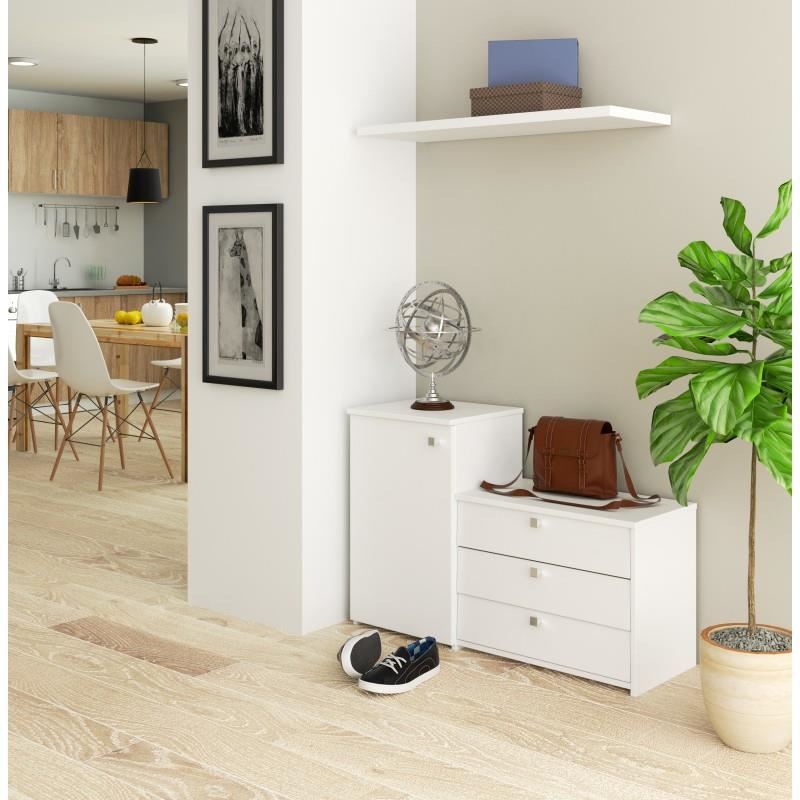 Cipőtároló szekrény, cipőtartó, laminált lap, 3 fiók, 2 polc, fehér, 98,4x33x68/43 cm