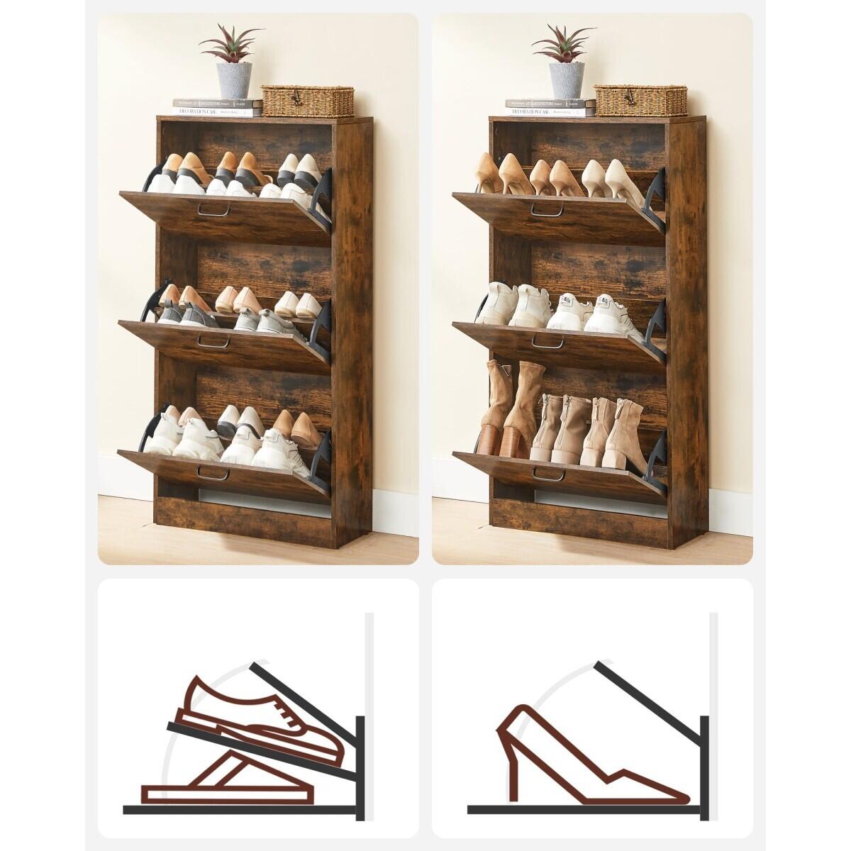 Cipőtároló szekrény, cipőtartó, világos, rusztikus barna, 3 fiók, 60x24x102 cm