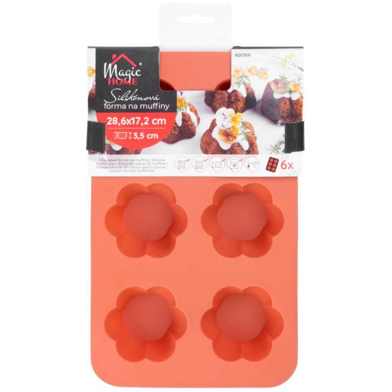Muffin sütőforma, 6 db-os, szilikon, virágmintás, piros, 28,6x17,2x3,5 cm, MagicHome