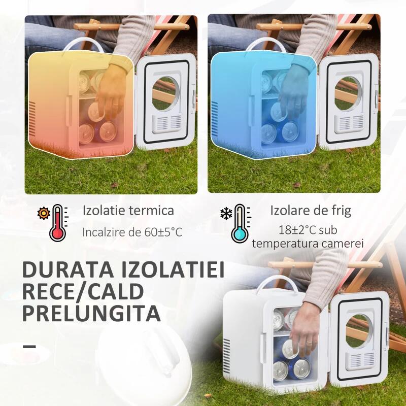 Turistahűtő, mini, 12V/220V, fehér, 4 L, 25,8x20,5x26,3 cm