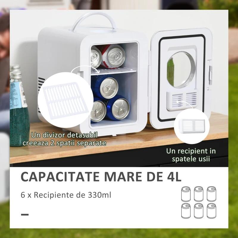 Turistahűtő, mini, 12V/220V, fehér, 4 L, 25,8x20,5x26,3 cm