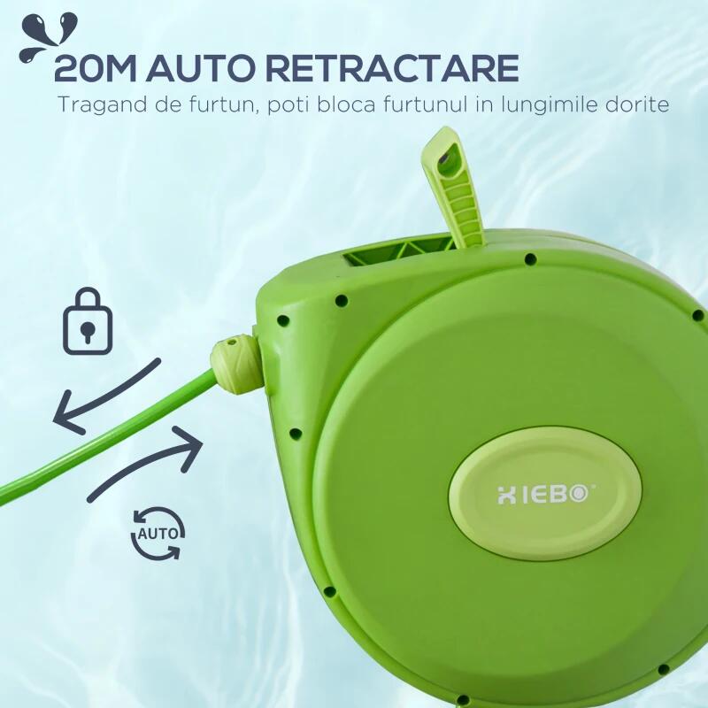 Furtun cu tambur/rola pentru gradina, retractabil/automat, portabil, pentru perete, 1/2", 9 moduri, 20 m