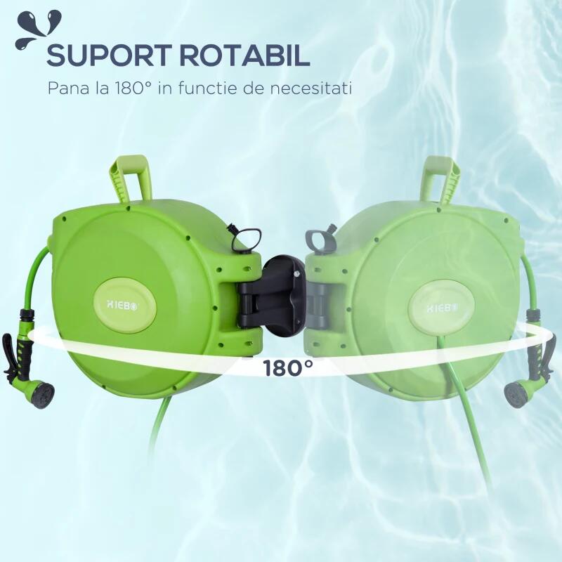 Furtun cu tambur/rola pentru gradina, retractabil/automat, portabil, pentru perete, 1/2", 9 moduri, 20 m
