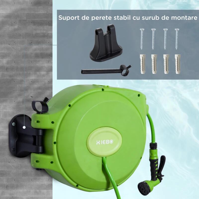 Furtun cu tambur/rola pentru gradina, retractabil/automat, portabil, pentru perete, 1/2", 9 moduri, 20 m