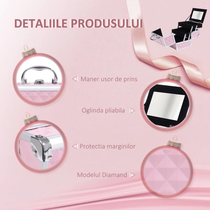 Geanta pentru cosmetice/accesorii baie, MDF si aluminiu, 3 compartimente, roz, 20x15x15 cm