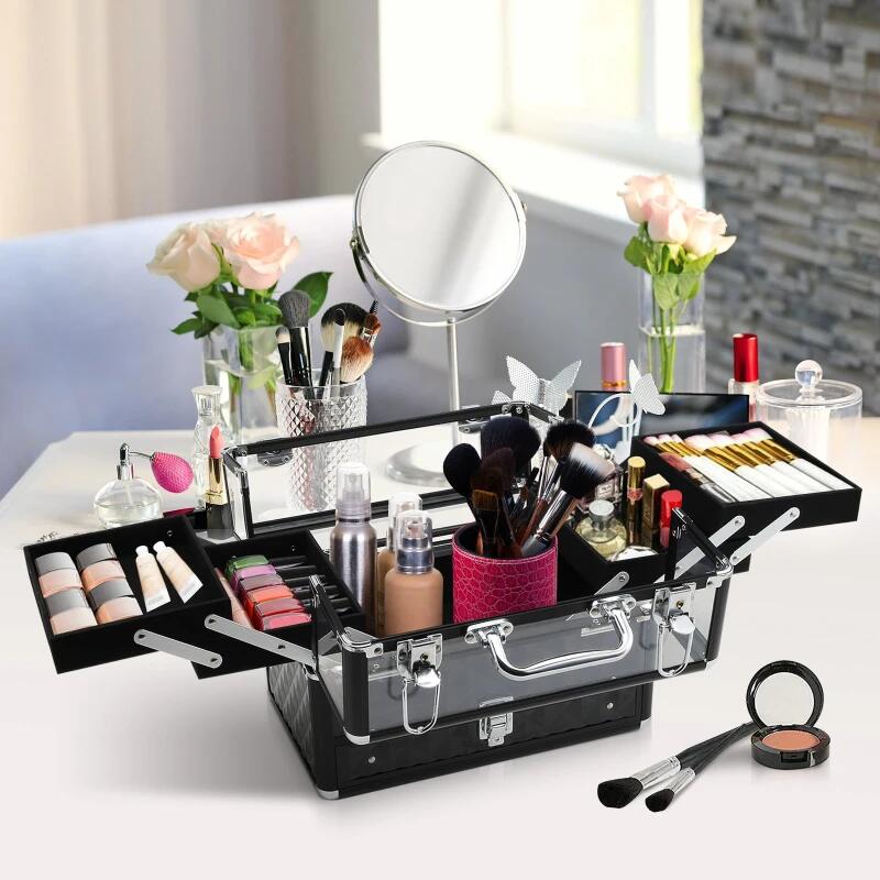 Geanta pentru cosmetice/accesorii baie, aluminiu, 6 compartimente, neagra, 30x18.5x22 cm