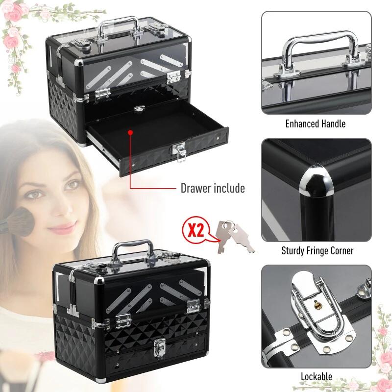 Geanta pentru cosmetice/accesorii baie, aluminiu, 6 compartimente, neagra, 30x18.5x22 cm