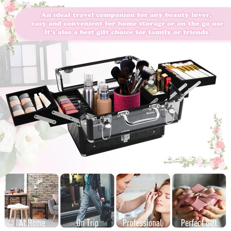 Geanta pentru cosmetice/accesorii baie, aluminiu, 6 compartimente, neagra, 30x18.5x22 cm
