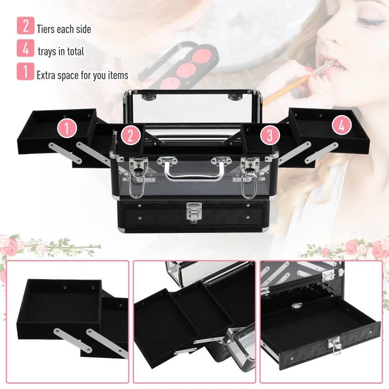 Geanta pentru cosmetice/accesorii baie, aluminiu, 6 compartimente, neagra, 30x18.5x22 cm