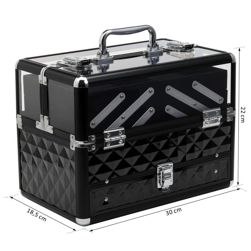 Geanta pentru cosmetice/accesorii baie, aluminiu, 6 compartimente, neagra, 30x18.5x22 cm