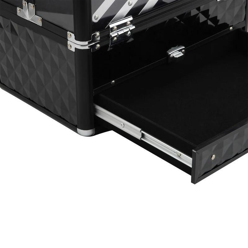 Geanta pentru cosmetice/accesorii baie, aluminiu, 6 compartimente, neagra, 30x18.5x22 cm