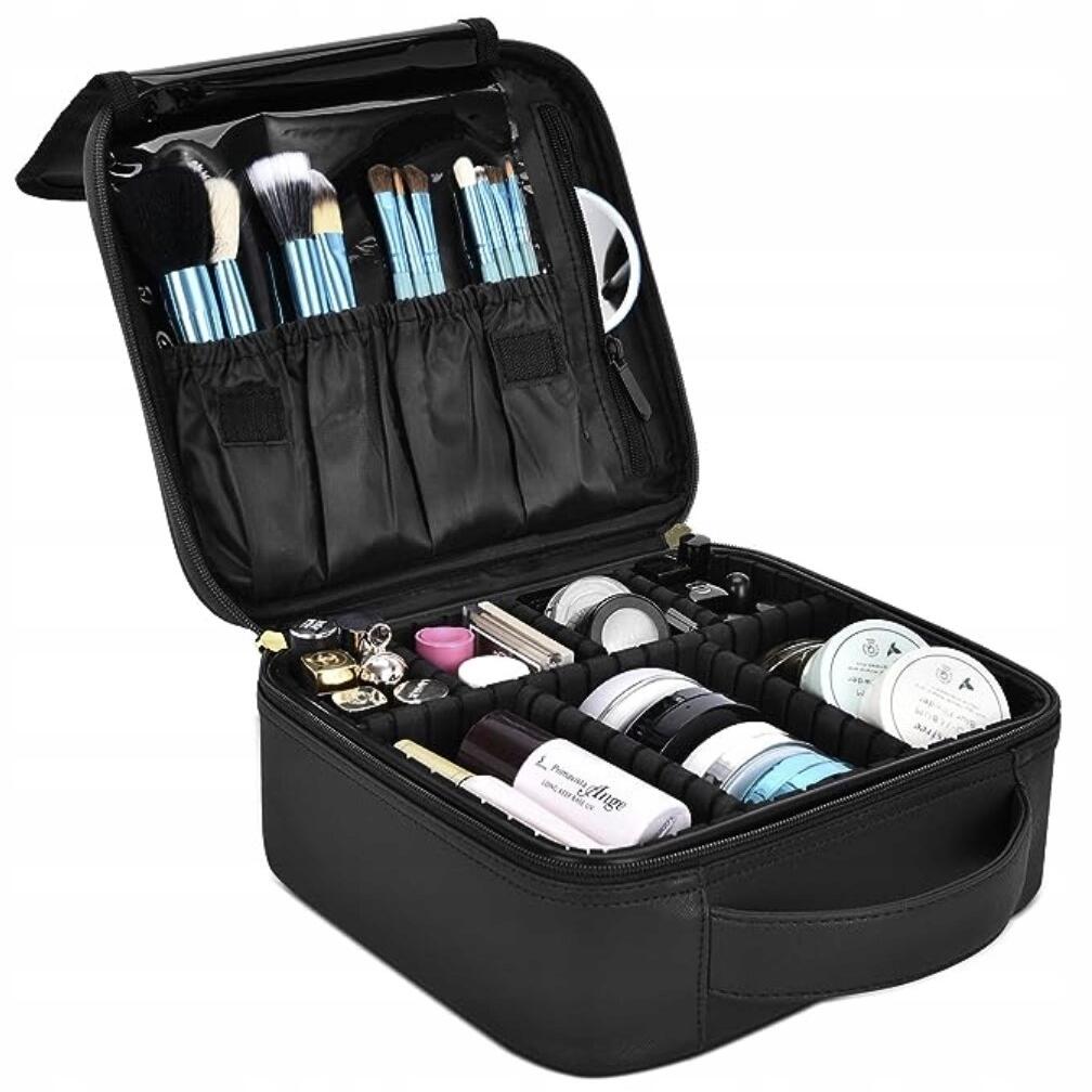 Geanta pentru cosmetice/accesorii baie, Soulima, poliester, PVC, EVA, neagra, 26x9x22.5 cm
