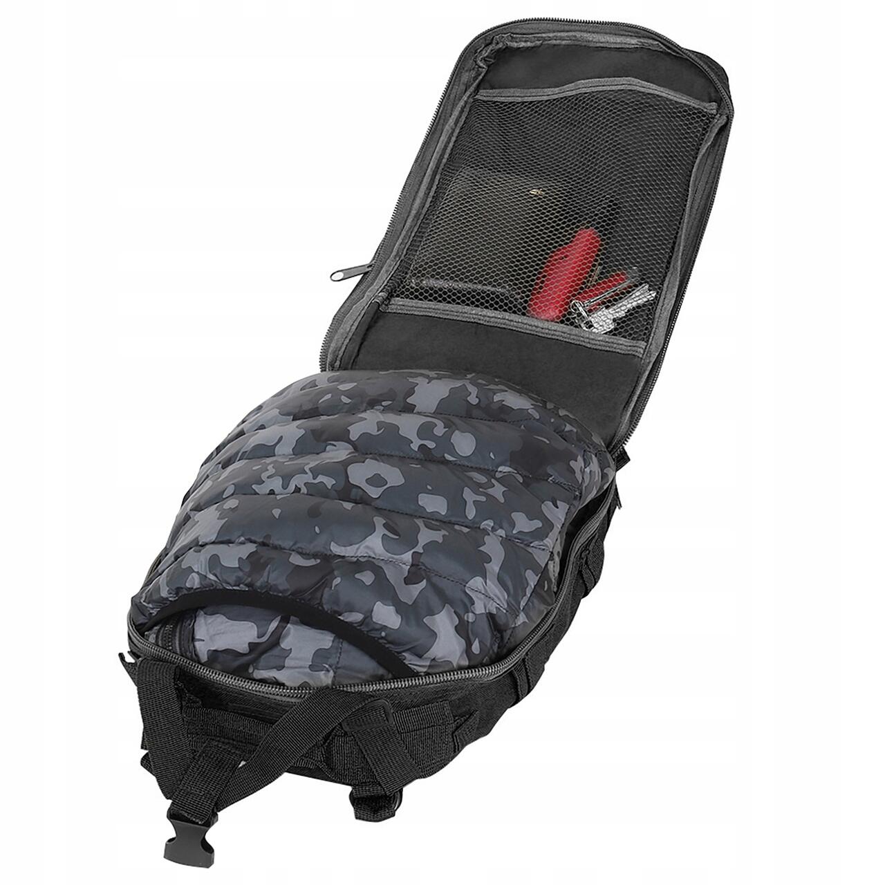 Taktikai hátizsák/zsák, 5 rekeszes, 600D poliészter, fekete, 26 L, 28x16x44 cm, Trizand