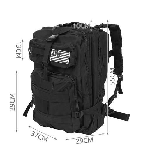 Taktikai hátizsák/zsák, 5 rekeszes, 600D poliészter, fekete, 38 L, 37x29x55 cm, Isotrade