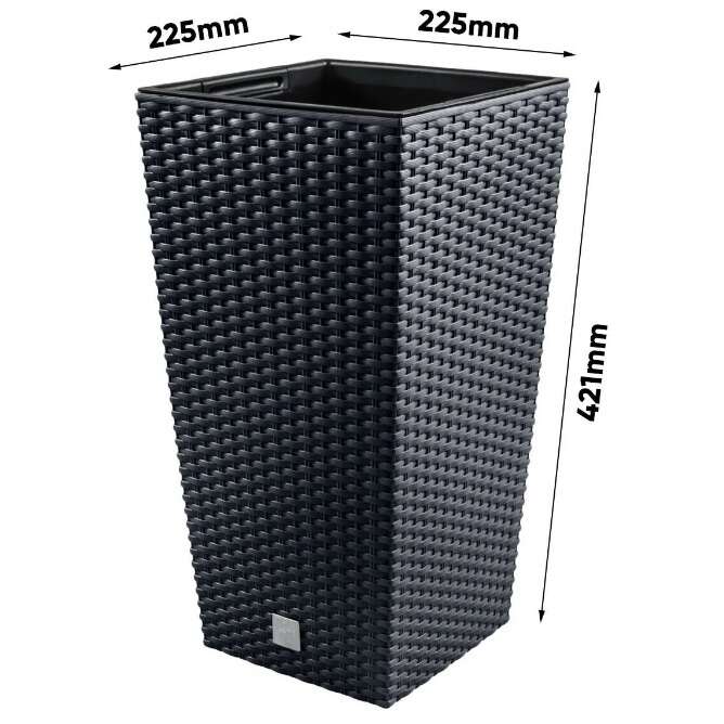 Négyzet alakú virágcserép, RATO négyzet, 22,5x22,5x42,1 cm, 8/16,3 L, rattan utánzat, fekete, Prosperplast