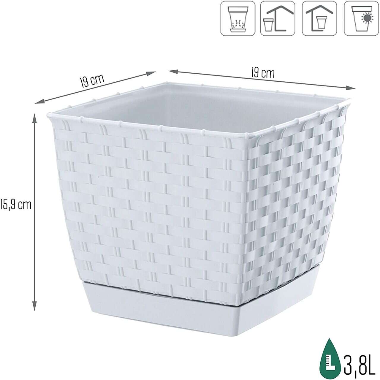 Ghiveci de flori patrat, RATOLLA, 19 x 19 cm, 3.8 L, alb, Prosperplast