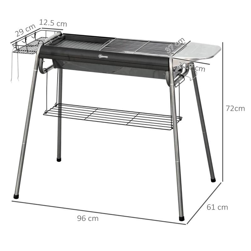 Kerti/kemping faszenes grillsütő, hordozható, téglalap alakú grillsütő, polcokkal, rozsdamentes acél szerkezet, 96x61x72 cm